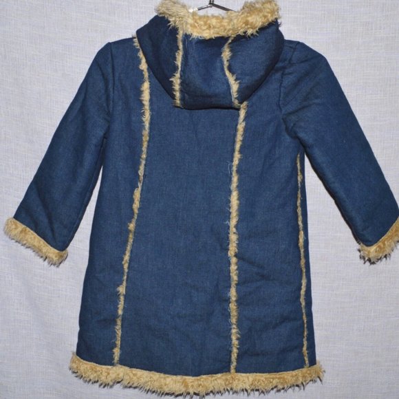 GIRLS KIDS 5Y 6Y BLUE JEANS DENIM FAUX FUR LINING TRIM HOODED COAT JACKET - Picture 4 of 6